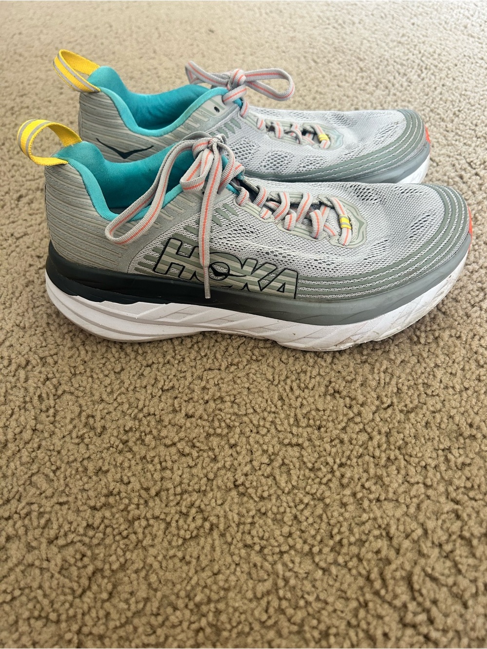 Hoka Light Gray Teal Running Sneakers with Yellow Pull Tabs